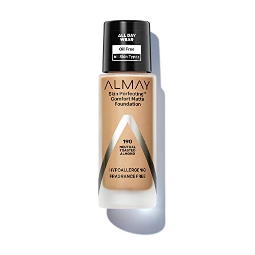Almay Skin Perfecting Comfort Matte Foundation, Hypoallergenic, Cruelty Free-Fragrance Free, Dermatologist Tested Liquid Makeup, Neutral Toasted Almond, 1 Fluid Ounce