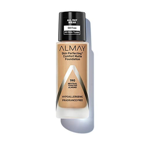 Almay Skin Perfecting Comfort Matte Foundation, Hypoallergenic, Cruelty Free-Fragrance Free, Dermatologist Tested Liquid Makeup, Neutral Toasted Almond, 1 Fluid Ounce