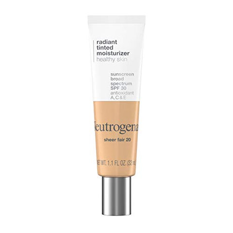 Neutrogena Healthy Skin Radiant Tinted Facial Moisturizer with Broad Spectrum SPF 30 Sunscreen Vitamins A, C, & E, Lightweight, Sheer, & Oil-Free Coverage, Sheer Fair 20, 1.1 fl. oz