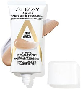 Almay Anti-Aging Foundation, Smart Shade Face Makeup with Hyaluronic Acid, Niacinamide, Vitamin C & E, Hypoallergenic-Fragrance Free, 200 Light Medium, 1 Fl Oz (Pack of 1)