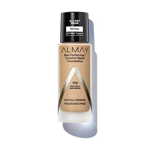 Almay Skin Perfecting Comfort Matte Foundation, Hypoallergenic, Cruelty Free, -Fragrance Free, Dermatologist Tested Liquid Makeup, Neutral Sun Beige, 1 Fluid Ounce