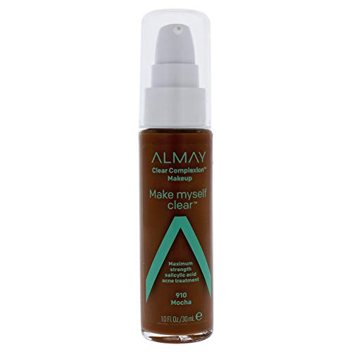 Almay Clear Complexion Makeup, Matte Finish Liquid Foundation with Salicylic Acid, Hypoallergenic, Cruelty Free, -Fragrance Free, Dermatologist Tested, 910 Mocha, 1.0 oz
