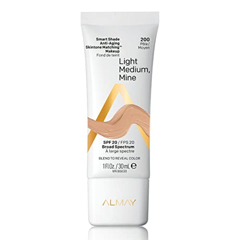 Almay Smart Shade Anti-Aging Skintone Matching Makeup, Medium Coverage Natural Finish Foundation with SPF 20, Hypoallergenic, Dermatologist Tested, 200 Light Medium Mine, 1 oz