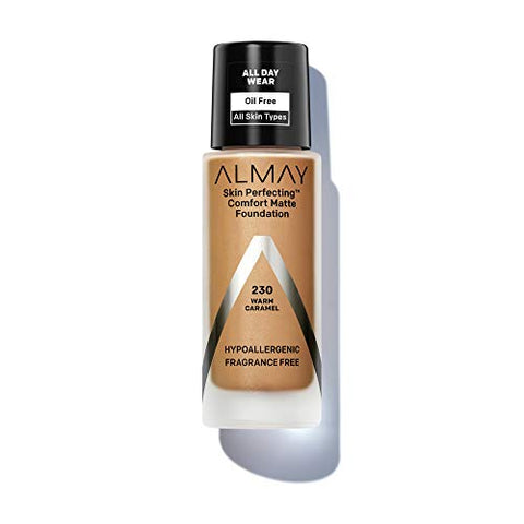 Almay Skin Perfecting Comfort Matte Foundation Liquid Makeup, Hypoallergenic, Cruelty- & Fragrance-Free, Dermatologist-Tested, 230 Warm Caramel, 1 fl oz