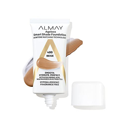 Almay Anti-Aging Foundation, Smart Shade Face Makeup with Hyaluronic Acid, Niacinamide, Vitamin C & E, Hypoallergenic, Fragrance Free, 400 Beige, 1 Fl Oz (Pack of 1)