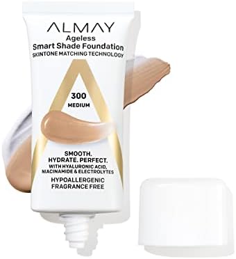 Almay Anti-Aging Foundation, Smart Shade Face Makeup with Hyaluronic Acid, Niacinamide, Vitamin C & E, Hypoallergenic-Fragrance Free, 300 Medium, 1 Fl Oz (Pack of 1)