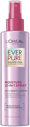 L'Oreal Paris EverPure Moisture 21-in-1 Leave In Conditioner, Multi-Benefit Heat Protectant Spray for Hair Up to 450°F, Detangling Frizz Control for Color Treated, Dry, or Damaged Hair, 6.7 Fl Oz