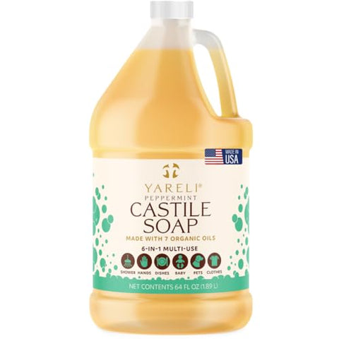 Yareli Pure Castile Soap Liquid, Peppermint 64oz – EWG Verified Organic Oils, Fragrance-Free Body Wash, Castile Soap for Bath Body Home Laundry – Made in USA, Vegan