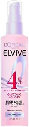 L'Oreal Paris Elvive Glycolic + Gloss High Shine Leave-In Hair Serum, Smooths Dull, Porous Hair Into High-Shine, Glossy Hair, 4.4 Fl Oz (Pack of 2) - Personal Care