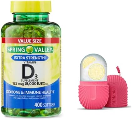 Vitamin D3 Spring Valley Softgels, 125 mcg per Softgel, 5,000 IU, 400 Count, and Gift Ice Roller for Face