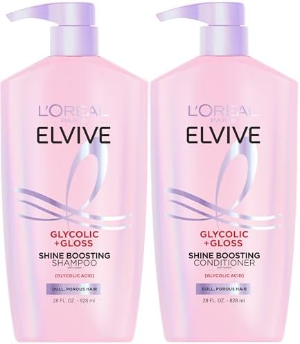 L'Oreal Paris Elvive Glycolic + Gloss Shine Boosting Shampoo and Conditioner Set, Cleanses and Smooths Dull, Porous Hair Into High-Shine, Glossy Hair, 56 Fl Oz Set