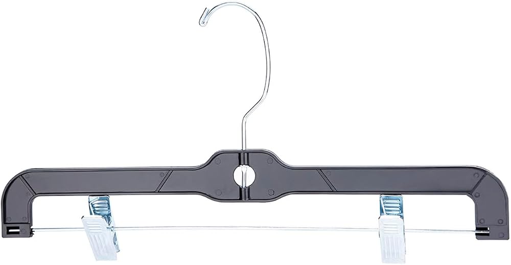 Sswbasics Black Plastic Skirt and Pants Hangers with Clips, 14 in | Anchored chrome swivel hooks and padded metal clips hold up to 6 lbs, ideal for lightweight clothing and everyday use.
