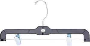 Sswbasics Black Plastic Skirt and Pants Hangers with Clips, 14 in | Anchored chrome swivel hooks and padded metal clips hold up to 6 lbs, ideal for lightweight clothing and everyday use.