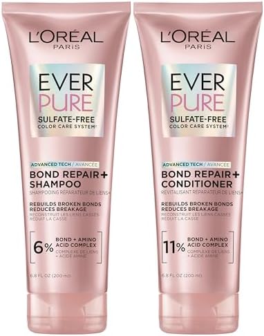 L'Oreal Paris Sulfate Free Bond Repair+ Shampoo and Conditioner Set with Bond + Amino Acid Complex, Strengthens and Repairs Damaged or Color Treated Hair, EverPure, 13.6 Fl Oz Set (Packaging May Vary)