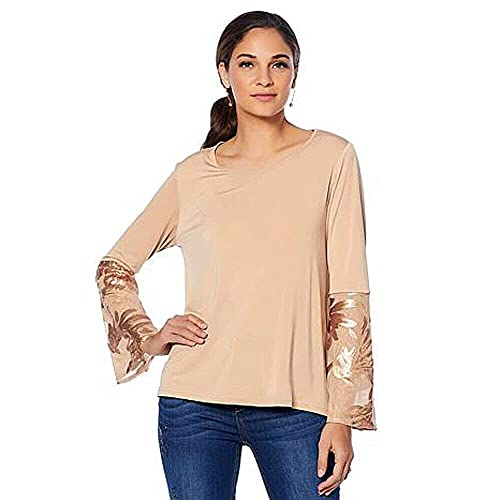 New LaBellum Hillary Scott Sequin Blouse TAN 624-593 2XLARGE