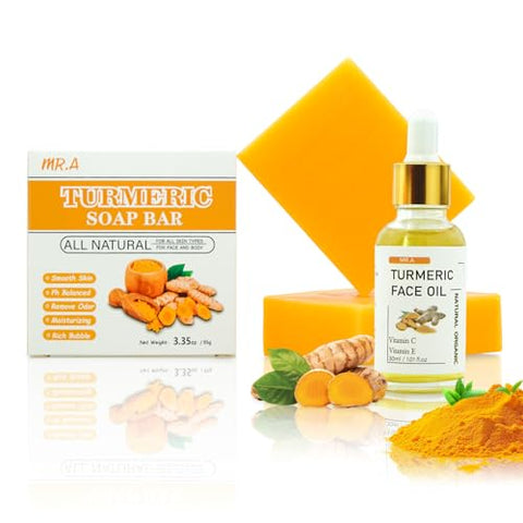 Mr.A 2Pcs Turmeric Soap Bar and Turmeric Oil Set for Face & Body, Nautral Ingredients with Vitamin C to Cleanses, Soothing, Hydrating Skin, Turmeric Skin Care Set for All Skin Type