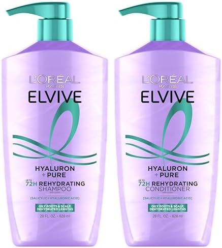 L'Oreal Paris Elvive Hyaluron + Pure Shampoo and Conditioner Set, Clarifying Shampoo and Rehydrating Conditioner with Salicylic Acid and Hyaluronic Acid, 56 Fl Oz Set
