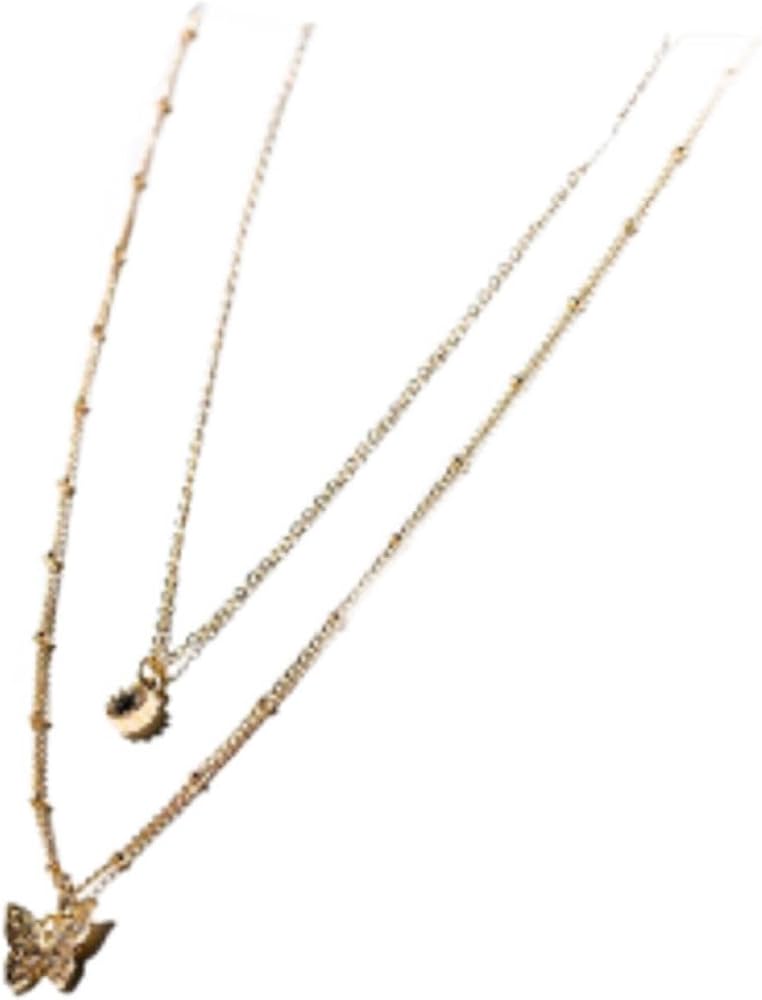 Charming Charlie 2-layered Gold Necklace With Moissanite And Butterfly Pendant- Women's Layered Necklaces, Perfect For Adding Elegance And Shimmer To Your Style.