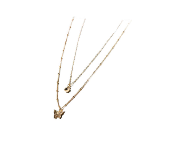 Charming Charlie 2-layered Gold Necklace With Moissanite And Butterfly Pendant- Women's Layered Necklaces, Perfect For Adding Elegance And Shimmer To Your Style.