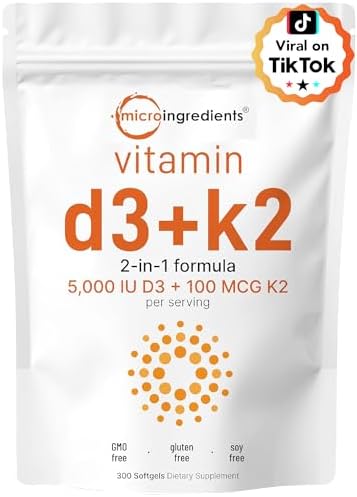 Micro Ingredients Vitamin D3 + K2 MK-7 5,000 IU Per Serving, 300 Softgels - Personal Care