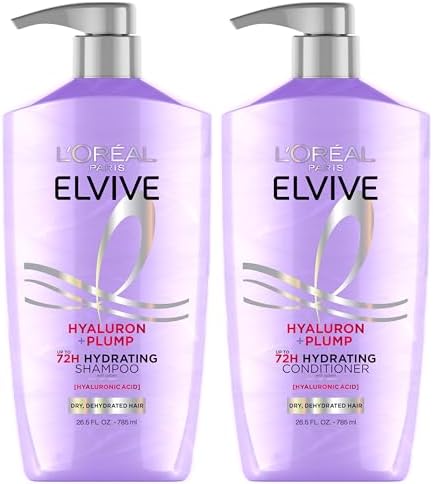 L'Oreal Paris Elvive Hyaluron Plump Shampoo and Conditioner Set for Dry, Dehydrated Hair, 72H Hydrating Hair Care, Infused with Hyaluronic Acid Complex, 53 Fl Oz Set