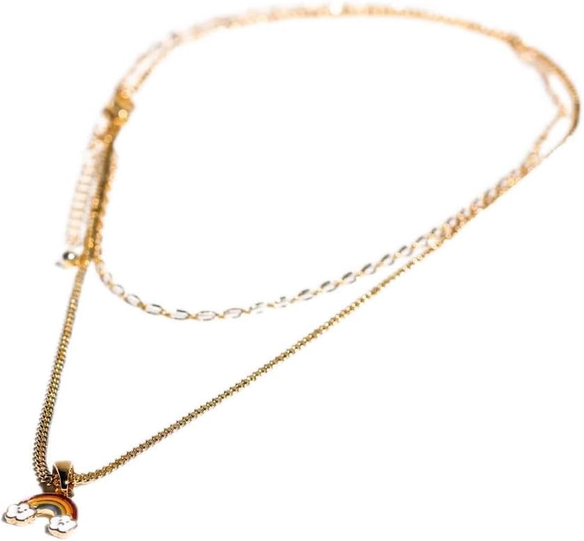 Charming Charlie 2-Layered Gold-Plated Necklace - Chain Link and Curb Chain with Rainbow Pendant - Women's Simply Radiant Layered Necklace for Everyday Elegance.