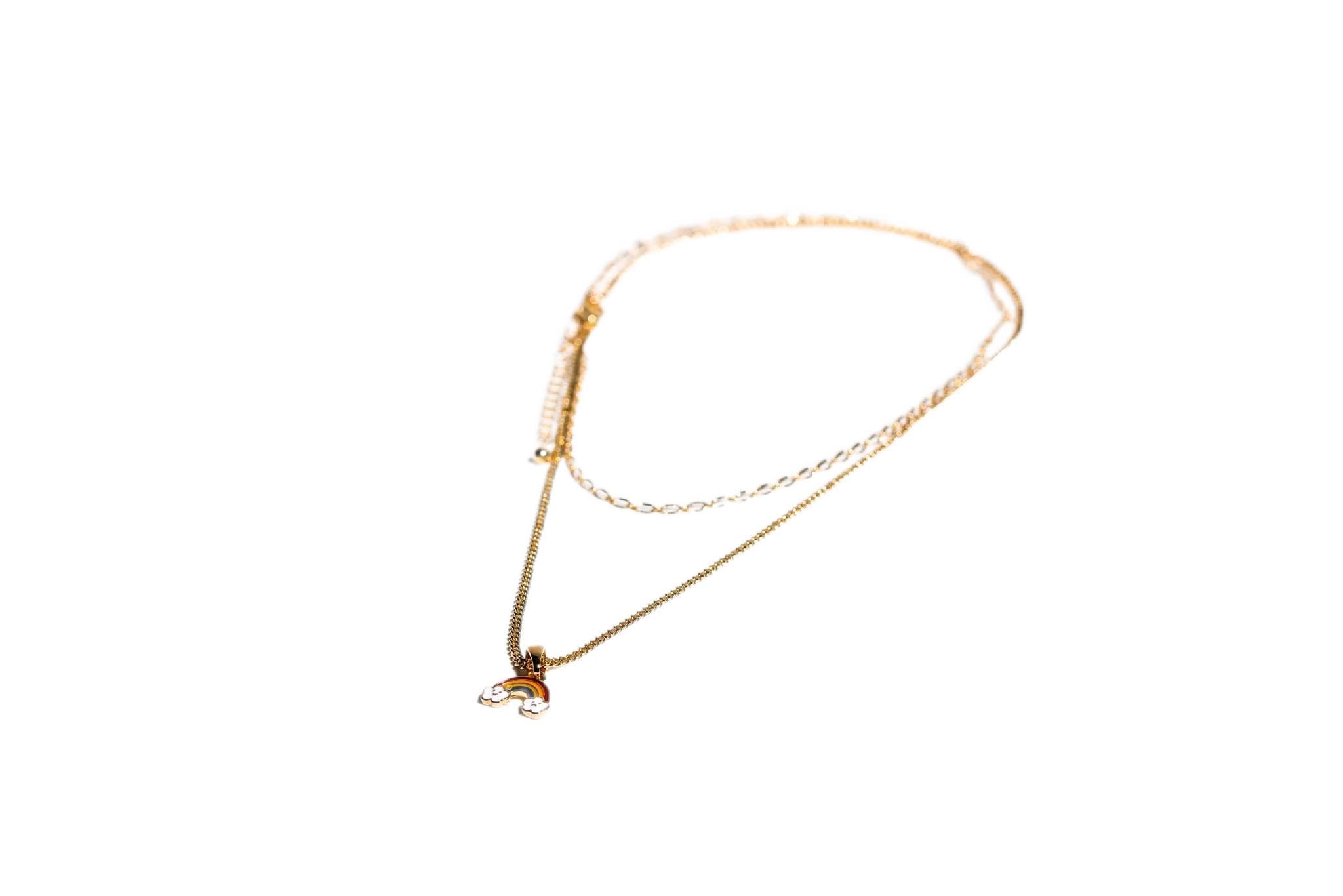 Charming Charlie 2-Layered Gold-Plated Necklace - Chain Link and Curb Chain with Rainbow Pendant - Women's Simply Radiant Layered Necklace for Everyday Elegance.