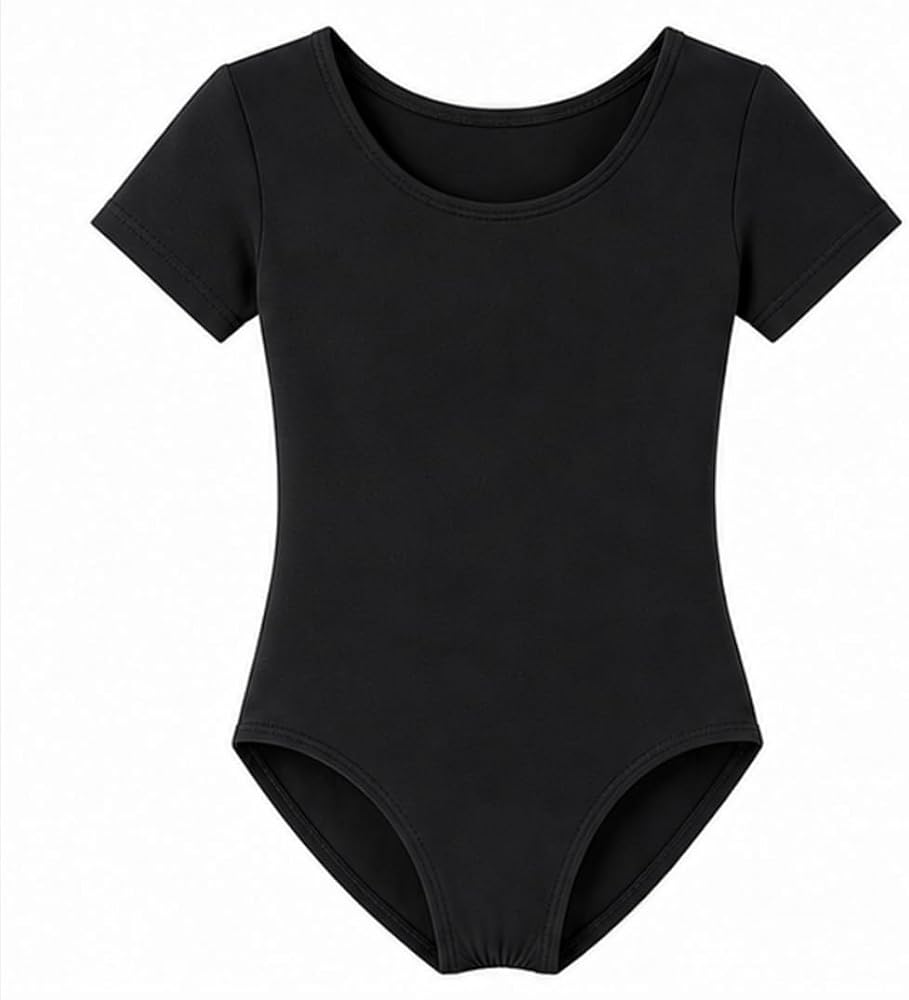 Moret Kids Girls' Ballet and Dance Short Sleeve Leotard - Classic Cotton Stretch Studio Practice Outfit for Gymnastics Recitals and Performance, Black, Medium