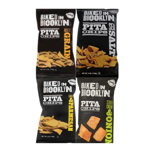 Variety Pack Pita Chips Baked In Brooklyn - Garlic Parmesan, Sea Salt, Multi Grain, Sour Cream And Onion - 4 Flavors - 6 Oz Each, 4 Pack - Crunchy, Healthy Snack, Perfect for Parties & Dipping