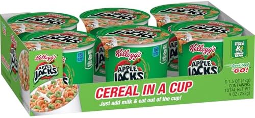 Kellogg’s Apple Jacks Cold Breakfast Cereal Cups, 8 Vitamins and Minerals, Kids Snacks, Original (12 Cups)