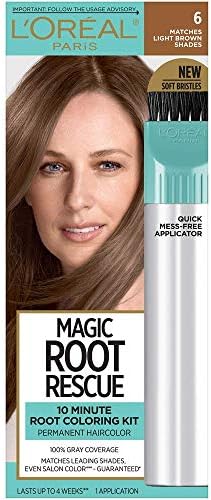 L'Oreal Paris Magic Root Rescue 10 Minute Root Hair Coloring Kit, Permanent Hair Color with Quick Precision Applicator, 100 percent Gray Coverage, 6 Light Brown, 1 kit (Packaging May Vary)