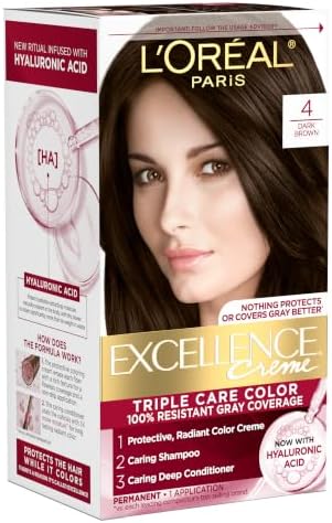 L'Oreal Paris Excellence Crème Permanent Hair Dye, Triple Care Hair Color with Hyaluronic Acid for 100% Gray Coverage, 4 Dark Brown, 1 Kit (Packaging May Vary)