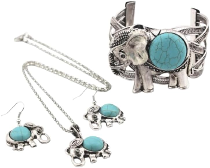 BIG TOP DEALS USA Turquoise Jewelry Set for Women Elephant Pendant Vintage Necklace, Ring, and Earrings – Boho Western Jewelry Gift for Her