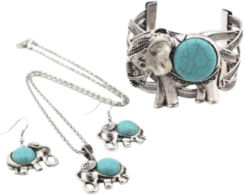 BIG TOP DEALS USA Turquoise Jewelry Set for Women Elephant Pendant Vintage Necklace, Ring, and Earrings – Boho Western Jewelry Gift for Her