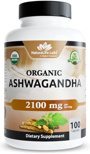 NaturaLife Labs Organic Ashwagandha 2100 mg per Serving – Full Spectrum Root Powder and Standardized Extract (Withanolides) – 100 Capsules – Vegan – Non-GMO, Gluten-Free
