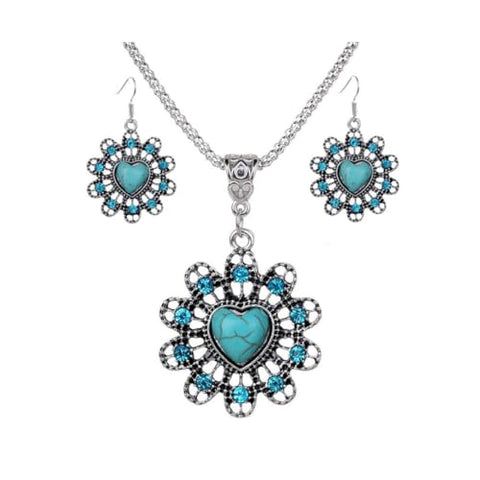 Vintage Bohemian Turquoise Flower Heart Pendant Necklace and Earring Set, Durable Long-Lasting Design, Metallic Finish, 400ml (exact size not specified)