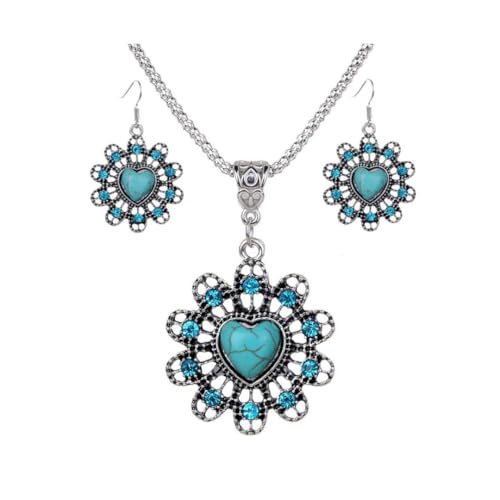 Vintage Bohemian Turquoise Flower Heart Pendant Necklace and Earring Set, Durable Long-Lasting Design, Metallic Finish, 400ml (exact size not specified)