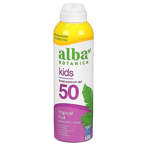 Alba Botanica Kids Sunscreen Spray for Face and Body, Tropical Fruit, Broad Spectrum SPF 50, Water Resistant, 5 fl. oz. Bottle