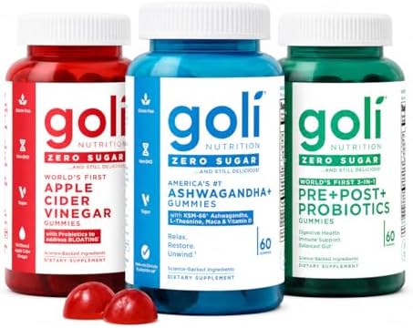 Goli Zero Sugar Trio - World's First 3-in-1 Pre, Post, Probiotic, Apple Cider Vinegar with Vitamin B12 and Probiotics, Ashwagandha & L-Theanine, Vitamin D Gummies, 180 Count (3-Bottle Set)