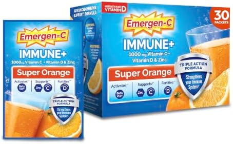 Emergen C Immune+ Triple Action Immune Support Powder, BetaVia (R), 1000 mg Vitamin C, B Vitamins, Vitamin D and Antioxidants, Super Orange – 30 Count