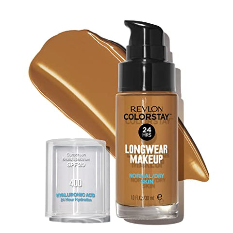 Revlon Liquid Foundation, ColorStay Face Makeup for Normal & Dry Skin, SPF 20, Longwear Medium-Full Coverage with Natural Finish, 400 Caramel, 1 fl oz