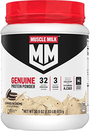 Muscle Milk Genuine Protein Powder, Cookies 'N Crème, 1.93 Pounds, 13 Servings, 32g Protein, 3g Sugar, Calcium, Vitamins A, C & D, NSF Certified for Sport, Energizing Snack, Packaging May Vary