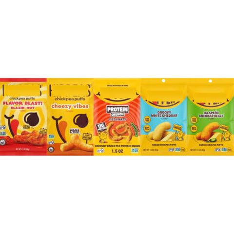 Chickpea Puffs Variety Pack, Blazin' Hot, Cheezy Vibes, Pizza Party, Groovy White Cheddar & Jalapeno Cheddar Blaze, 5 Pack - Personal Care