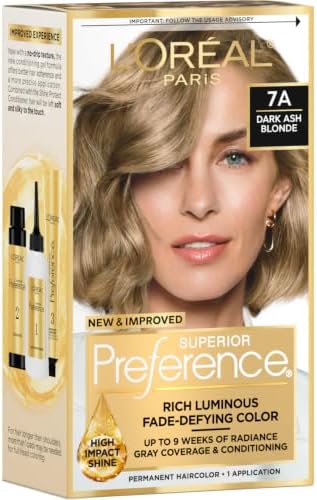 L'Oreal Paris Superior Preference Luminous Fade-Defying Permanent Hair Color, Hair Dye For Up to 9 Weeks of Radiance, Dark Ash Blonde 7A, 1 Hair Dye Kit