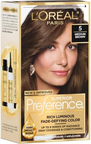 L'Oreal Paris Superior Preference Luminous Fade-Defying Permanent Hair Color, Hair Dye For Up to 9 Weeks of Radiance, Medium Brown 5, 1 Hair Dye Kit - Personal Care