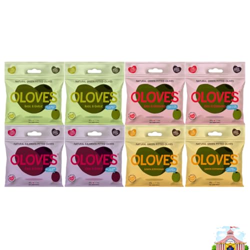 Variety Pack Pitted Green Olives & Kalamata Olives Oloves - 4 Flavors: Basil & Garlic, Chili & Oregano, Lemon & Rosemary, Chili & Garlic, 2 Each, 1.1 Oz, 8-pack - Healthy Snack