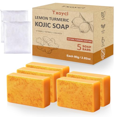 Lemon Turmeric Kojic Acid Soap Bar - Turmeric Soap with Vitamin C, Retinol, Collagen Moisturizing for Face, Body, Hands | Suits Dry Sensitive Skin (5 Bars)