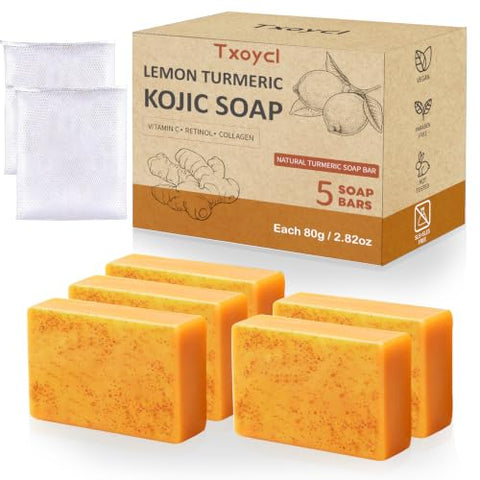 Lemon Turmeric Kojic Acid Soap Bar - Turmeric Soap with Vitamin C, Retinol, Collagen Moisturizing for Face, Body, Hands | Suits Dry Sensitive Skin (5 Bars)
