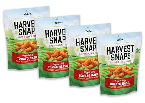 Harvest Snaps Veggie Chips (Red Lentil Snack Crisps Tomato Basil, 3.0 oz) | Powered by Plant Protein, Gluten Free, Non-GMO Baked Vegetable Crisps | Made in USA (4 Pack)