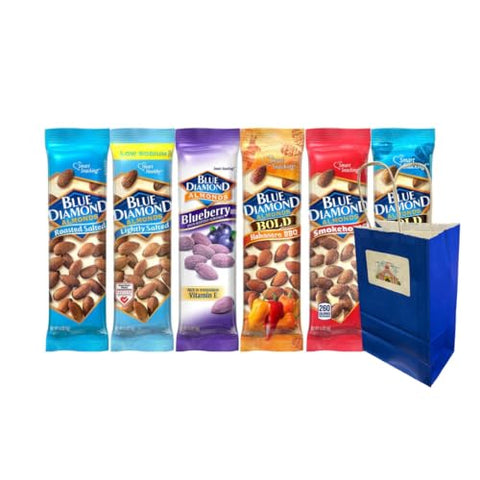 Variety Pack Diamond Almonds 6-Pack, 1.5 oz Bags – Roasted Salted, Lightly Salted, Blueberry, Habanero BBQ, Smokehouse, Salt & Vinegar with Blue Paper Gift Bag, Nut Snack - Candy - Snacks